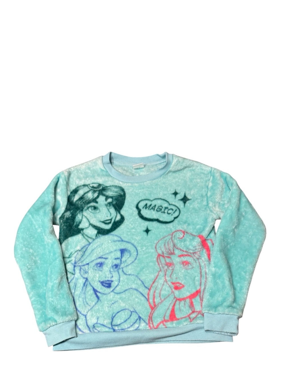 Girls Disney 100 Light Aqua Princess Fuzzy Pullover Sweatshirt Size Large
